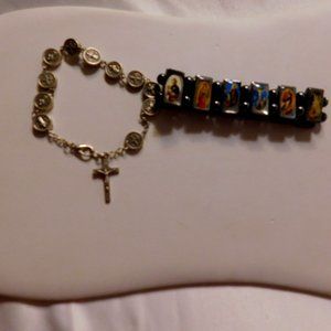 Vintage Religious Themed Bracelets Silver Tone Cross and Portrait Panel Stretch